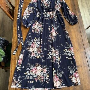 Amazon Navy Long Sleeve Floral Maxi Dress